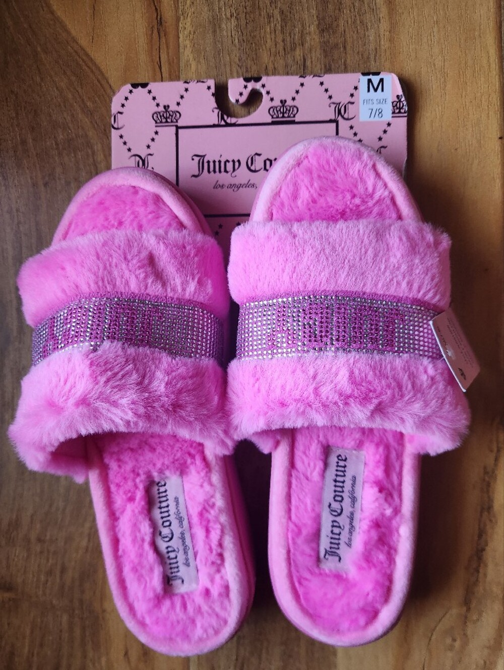 NWT Juicy Couture Galaxy Pink Faux Fur Slide Slippers with Rhinestone Band